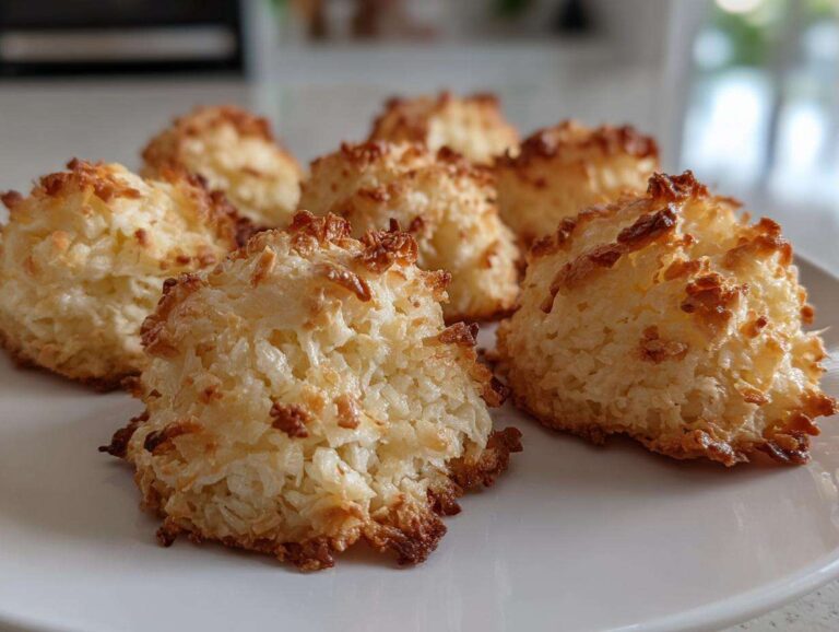 A close-up of several golden brown, freshly baked Low Carb Coconut Cookies arranged on a white plate.