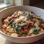 A close-up of a white bowl filled with creamy Marry Me White Beans mixed with spinach and topped with sun-dried tomatoes and grated Parmesan cheese.