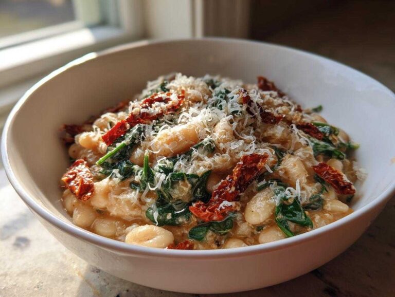A close-up of a white bowl filled with creamy Marry Me White Beans mixed with spinach and topped with sun-dried tomatoes and grated Parmesan cheese.