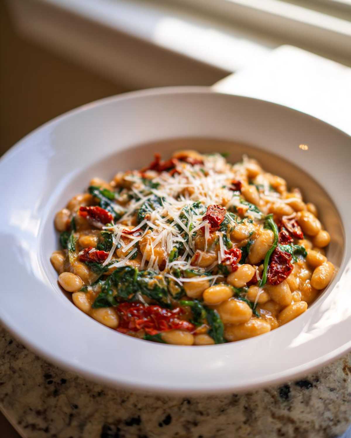 A close-up of Marry Me White Beans served in a white bowl, mixed with spinach, sun-dried tomatoes, and topped with grated Parmesan cheese.