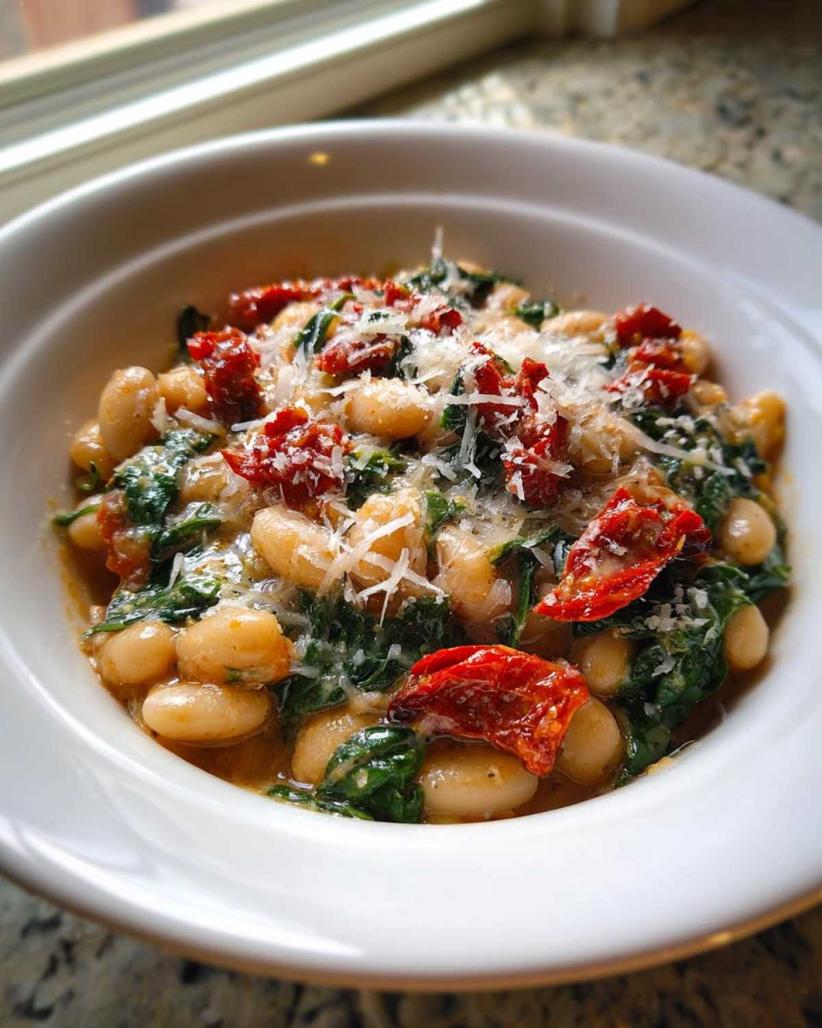 A close-up of Marry Me White Beans stewed with spinach, sun-dried tomatoes, and topped with grated Parmesan cheese.