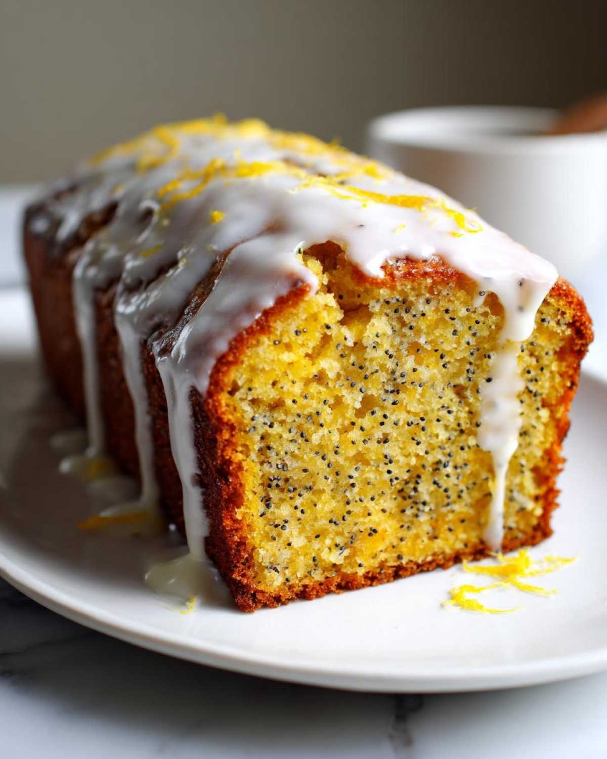 Close-up of a slice of Moist Lemon Poppy Seed Loaf covered in thick white glaze and lemon zest.