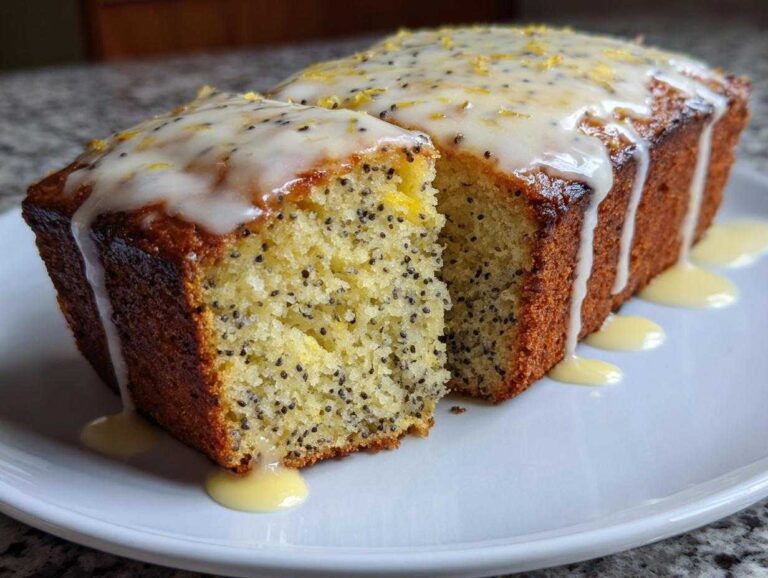 A slice cut from a Moist Lemon Poppy Seed Loaf, topped with dripping zesty glaze and poppy seeds.