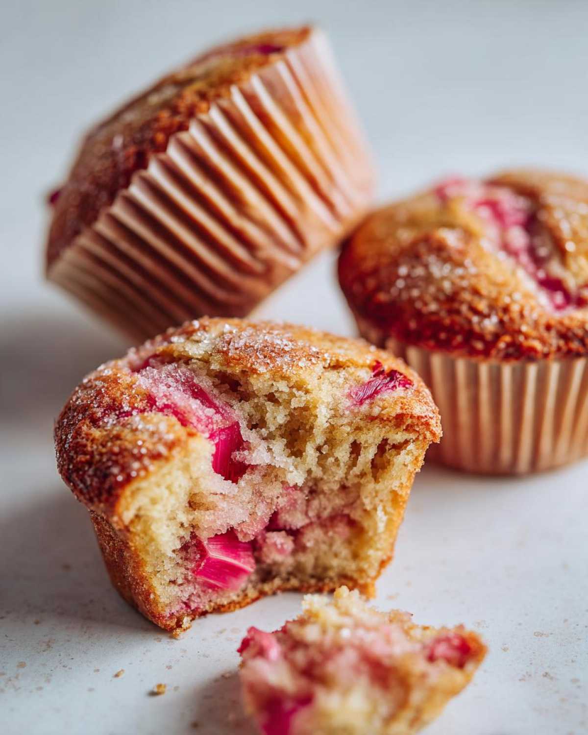 Close-up of Moist Sour Cream Rhubarb Muffins, one showing a bite taken out revealing pink rhubarb chunks.