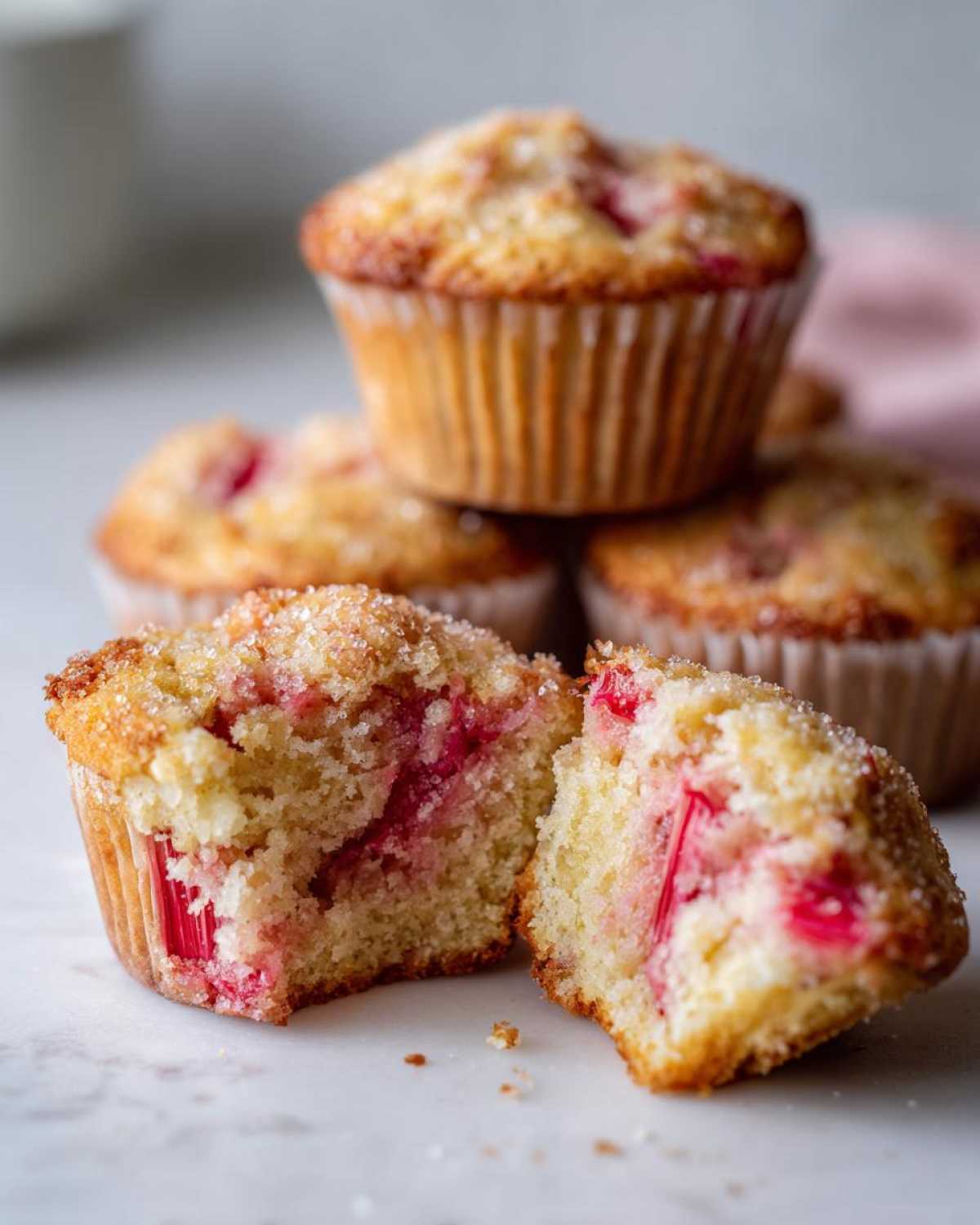 One of the Moist Sour Cream Rhubarb Muffins broken in half showing the moist crumb and bright pink rhubarb pieces.