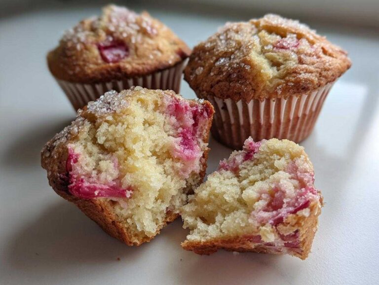 A close-up of Moist Sour Cream Rhubarb Muffins, one broken open showing the moist crumb and pink rhubarb pieces.