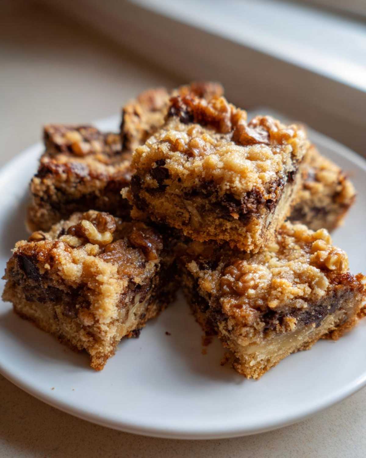 A stack of Ooey Gooey Banana Bars Dessert squares topped with a crunchy walnut crumble on a white plate.
