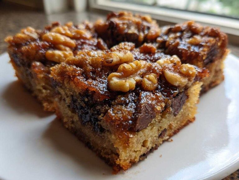Close-up of Ooey Gooey Banana Bars Dessert squares topped with sticky glaze and walnuts.
