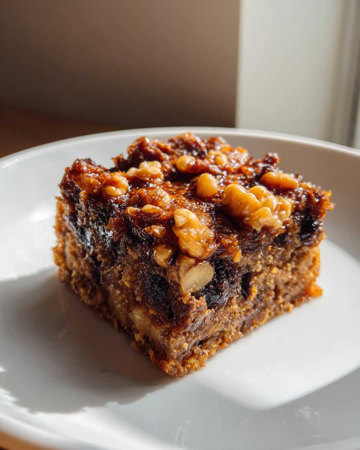 A single square of Ooey Gooey Banana Bars Dessert topped with a sticky glaze and whole walnuts, served on a white plate.