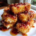 Stack of crispy Oven Fried Feta Rolls drizzled generously with chili honey.