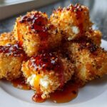 A stack of crispy Oven Fried Feta Rolls drizzled generously with spicy chili honey.