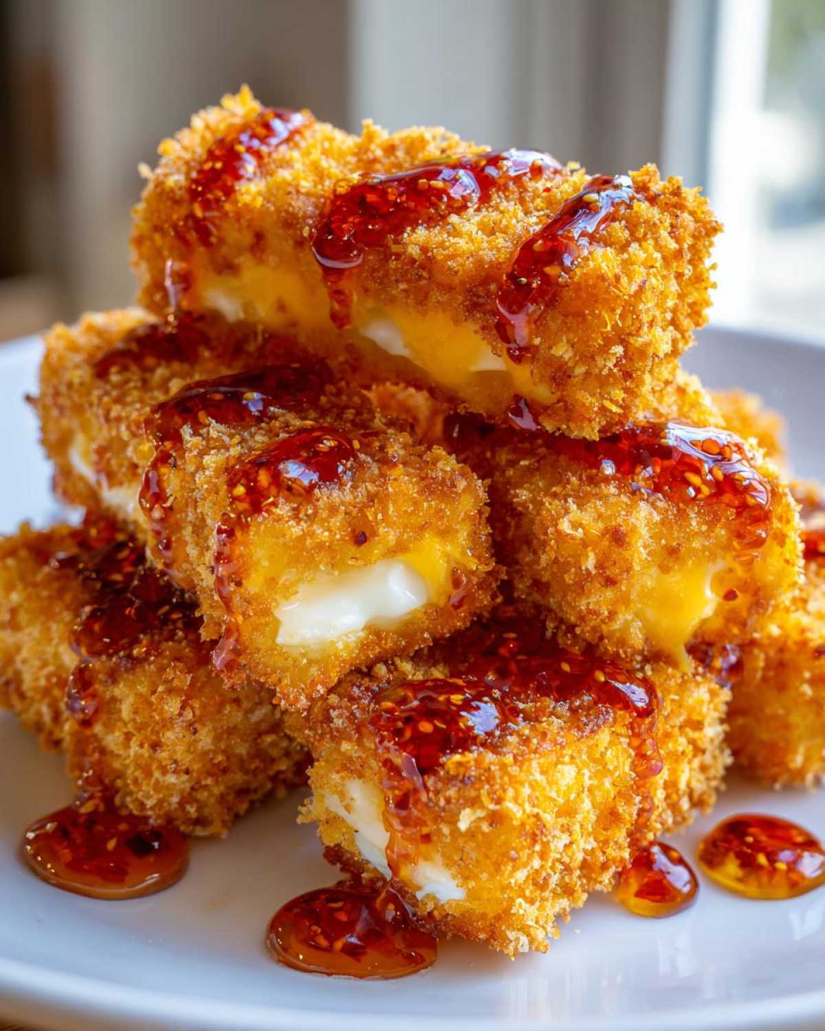 A stack of crispy Oven Fried Feta Rolls drizzled generously with bright red chili honey.