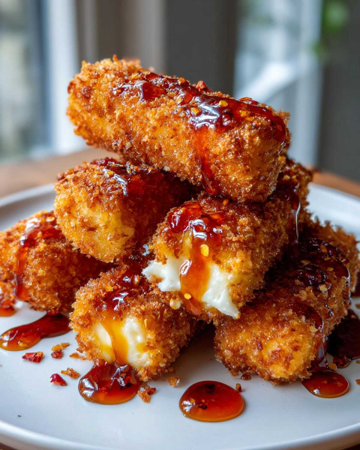 A stack of crispy Oven Fried Feta Rolls drizzled generously with spicy chili honey sauce.