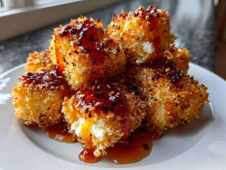 A stack of crispy Oven Fried Feta Rolls drizzled generously with spicy chili honey.