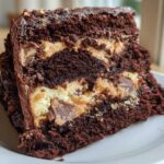 Close-up of a decadent slice of Reese Peanut Butter Cup Earthquake Cake Chocolate showing rich layers of dark chocolate cake and peanut butter filling.