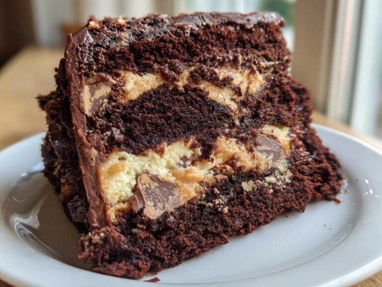 Close-up of a decadent slice of Reese Peanut Butter Cup Earthquake Cake Chocolate showing rich layers of dark chocolate cake and peanut butter filling.