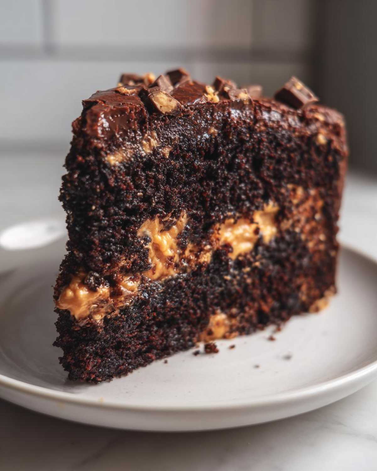 Close-up of a rich slice of Reese Peanut Butter Cup Earthquake Cake Chocolate with peanut butter filling.