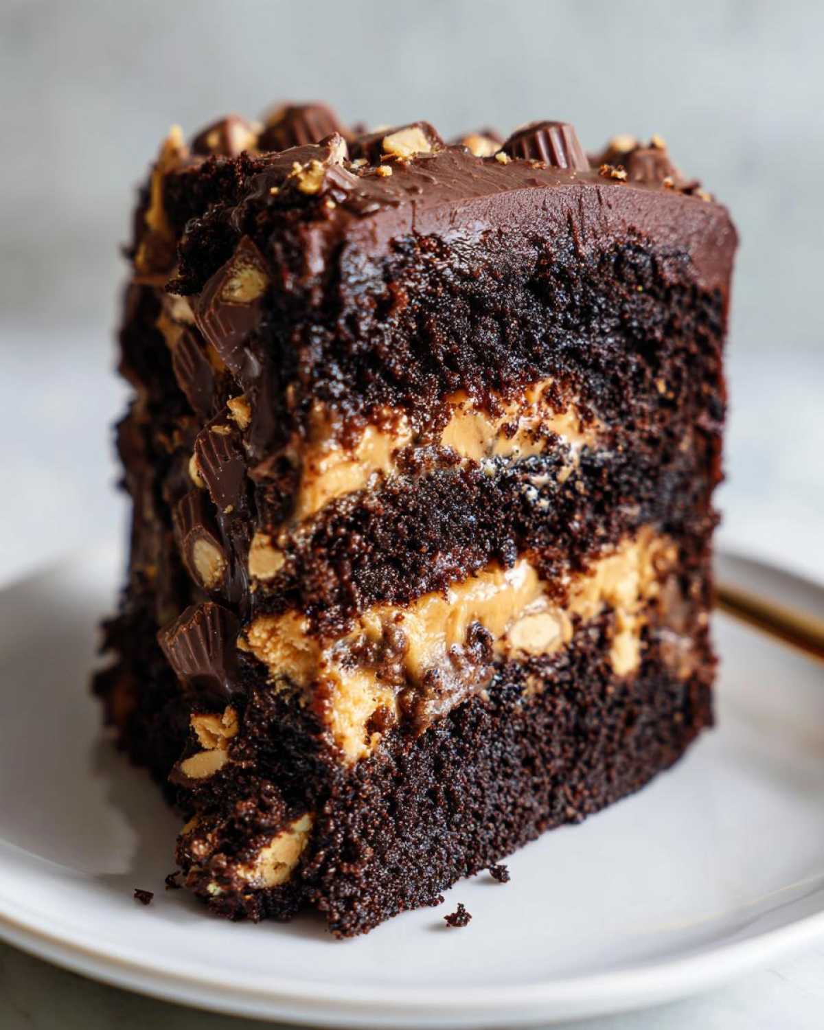Close-up of a rich slice of Reese Peanut Butter Cup Earthquake Cake Chocolate with layers of dark cake and peanut butter filling.