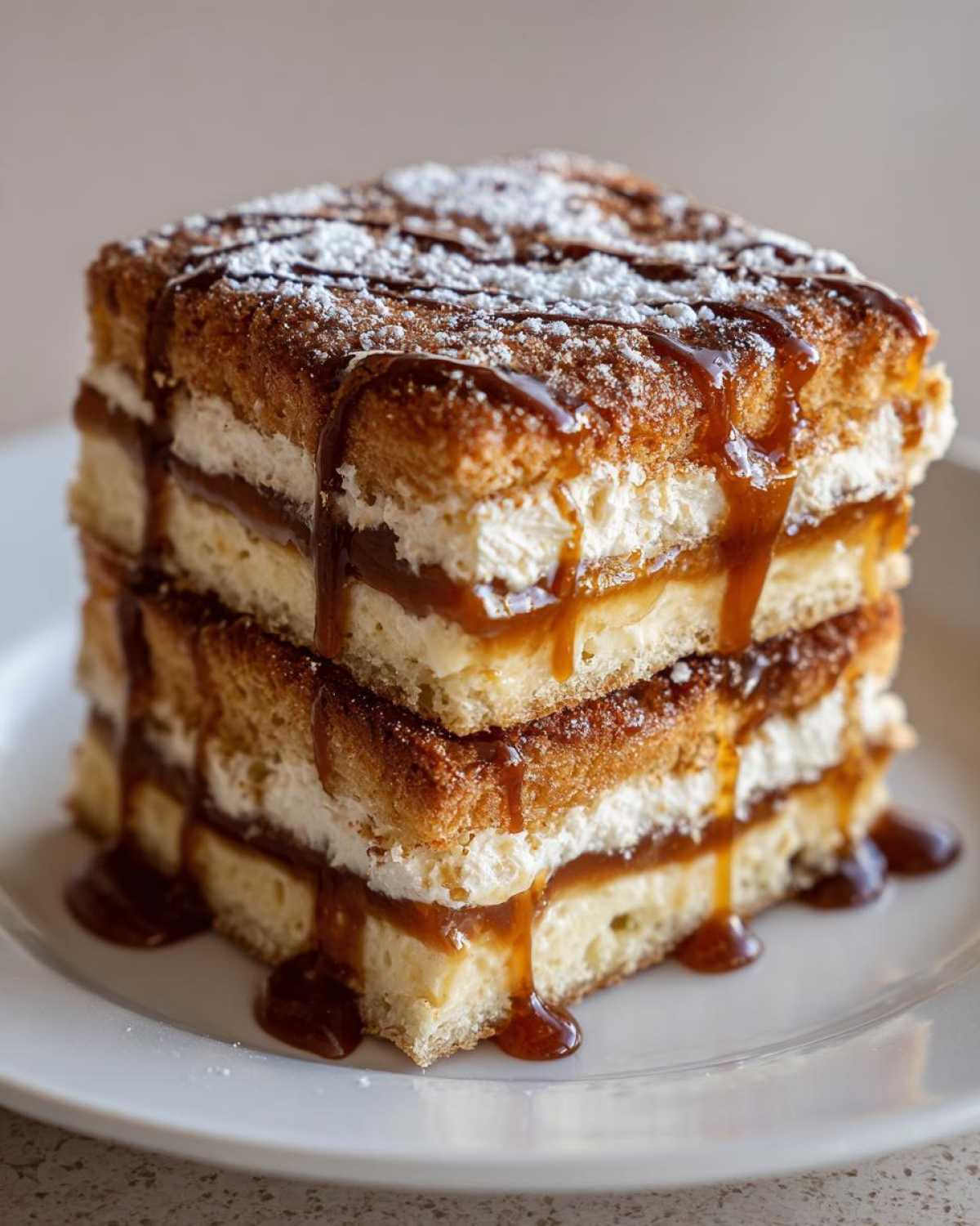 Two stacked squares of Salted Caramel Pop Tart Bars Cinnamon Sourdough drizzled with caramel and powdered sugar.