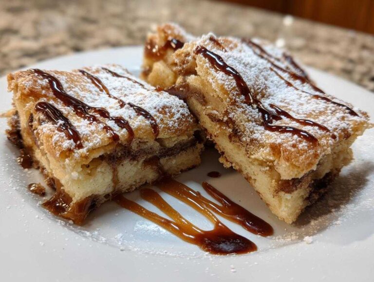 Three squares of Salted Caramel Pop Tart Bars Cinnamon Sourdough drizzled with caramel and dusted with powdered sugar.