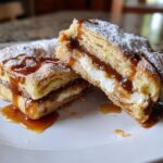 Two halves of a Salted Caramel Pop Tart Bars Cinnamon Sourdough treat showing layers of pastry, cream filling, and caramel drizzle.