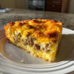 A golden-brown slice of sausage and cheese Breakfast Casserole on a white plate, lit by sunlight.