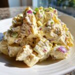 A close-up of a mound of Creamiest Potato Salad mixed with red onion and green onions on a white plate.