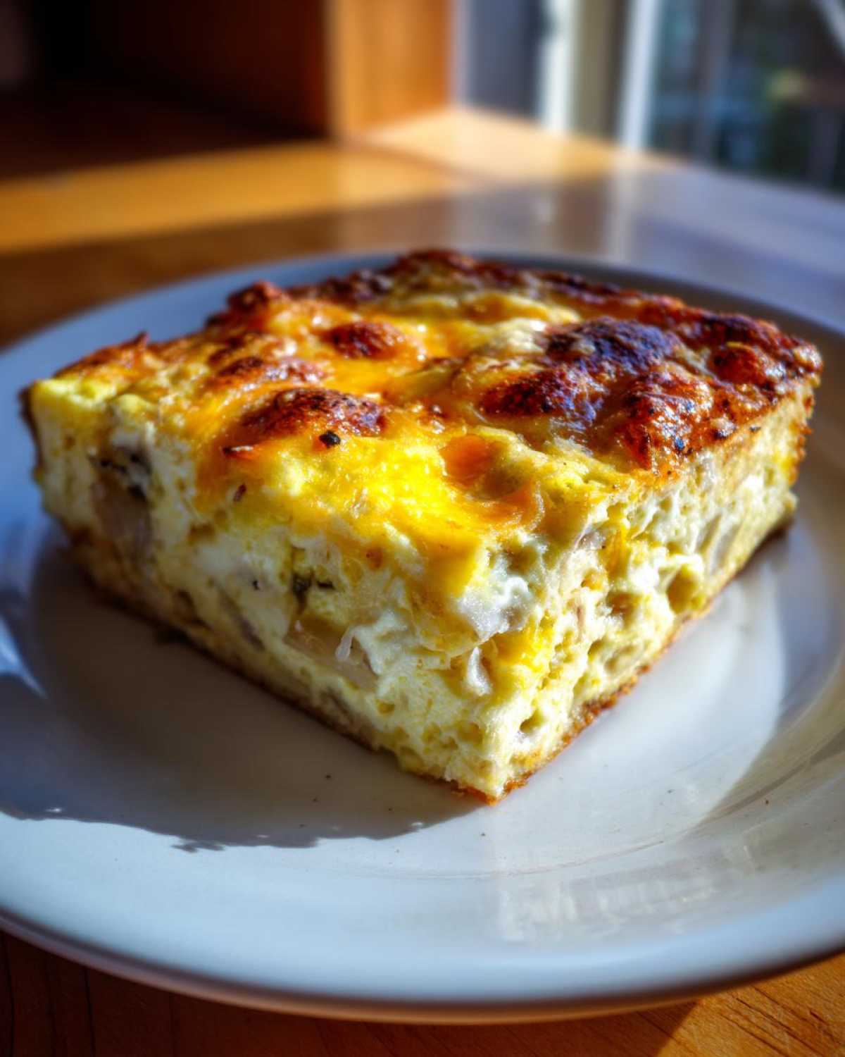 A square slice of Cheesy Egg Casserole with a bubbly, browned cheese topping, served on a white plate.
