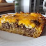 A thick slice of layered Breakfast Casserole featuring a hash brown base, sausage, eggs, and melted cheddar cheese topping.