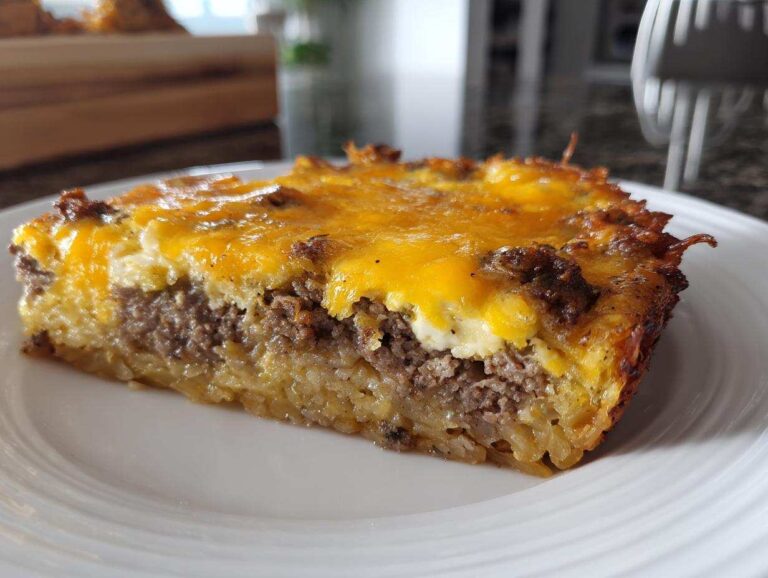 A thick slice of layered Breakfast Casserole featuring a hash brown base, sausage, eggs, and melted cheddar cheese topping.
