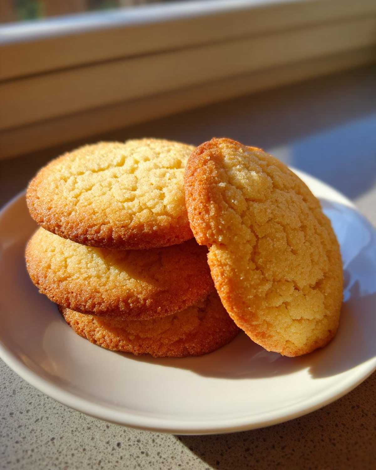 A stack of four golden brown Sugar Cookies - Flavor Nectar, glistening with sugar, resting on a white plate.