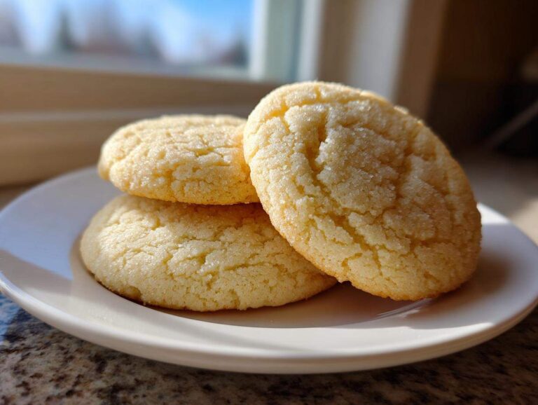Three freshly baked Sugar Cookies - Flavor Nectar, coated in sugar, stacked on a small white plate near a sunny window.
