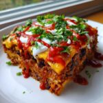 A generous slice of Tasty Beef Enchilada Casserole topped with sour cream, salsa, and fresh cilantro.