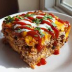 A square serving of Tasty Beef Enchilada Casserole topped with melted cheese, sour cream drizzle, and cilantro.