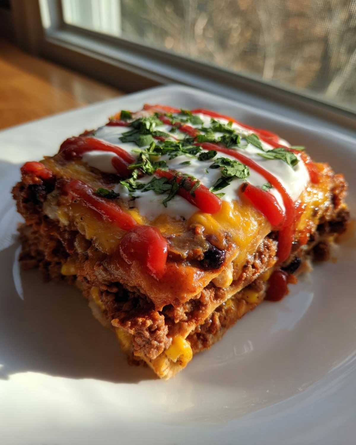 A square slice of Tasty Beef Enchilada Casserole layered with meat, cheese, topped with sour cream, salsa, and cilantro.