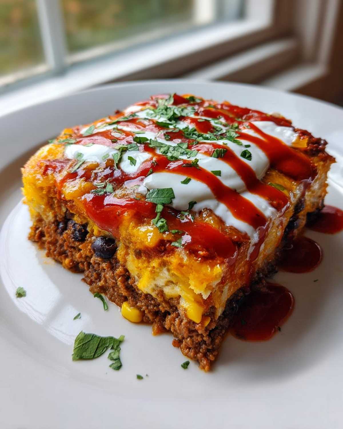 A square slice of Tasty Beef Enchilada Casserole topped with sour cream, enchilada sauce, and cilantro.