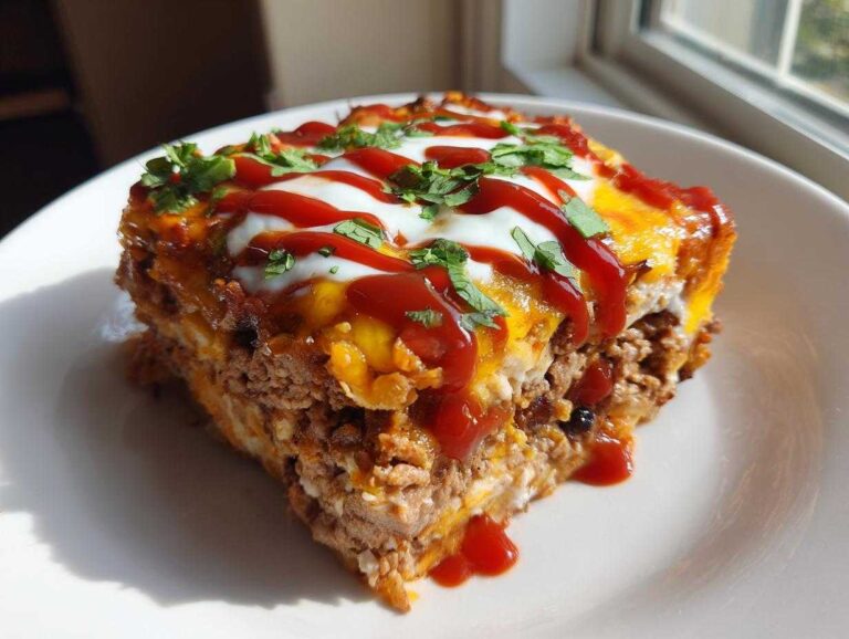 A square serving of Tasty Beef Enchilada Casserole topped with melted cheese, sour cream drizzle, and cilantro.