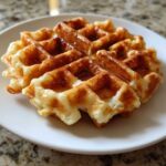 A close-up of a perfectly cooked, golden brown Waffle House waffle on a white plate, glistening with syrup.