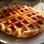 Close-up of a perfectly golden Waffle House waffle drizzled with syrup, sitting on a white plate.