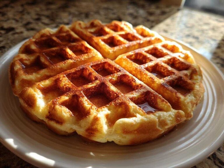 Close-up of a perfectly golden Waffle House waffle drizzled with syrup, sitting on a white plate.