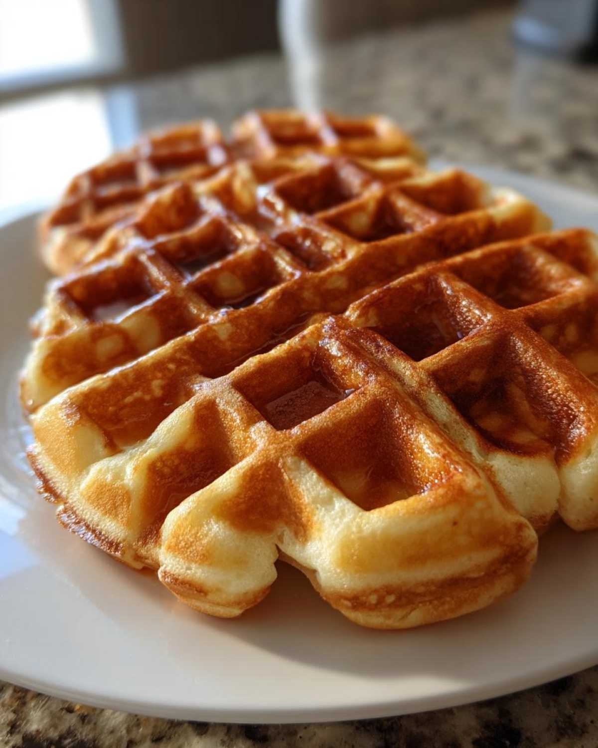 Close-up of a golden brown, crispy Waffle House waffle glistening with syrup on a white plate.